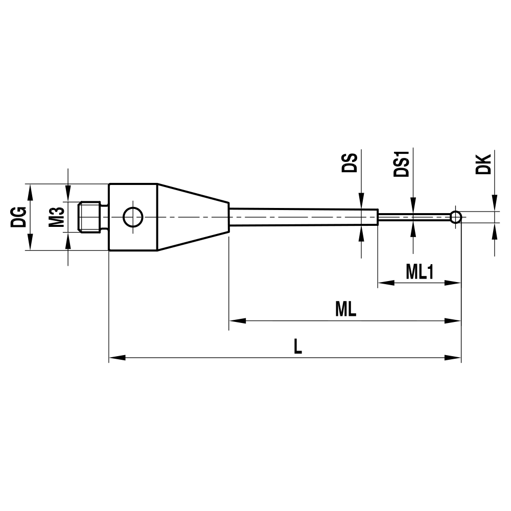 Drawing of product M3 Straight Stylus for ZEISS XXT; DK 0.5 mm; L 13.0 mm